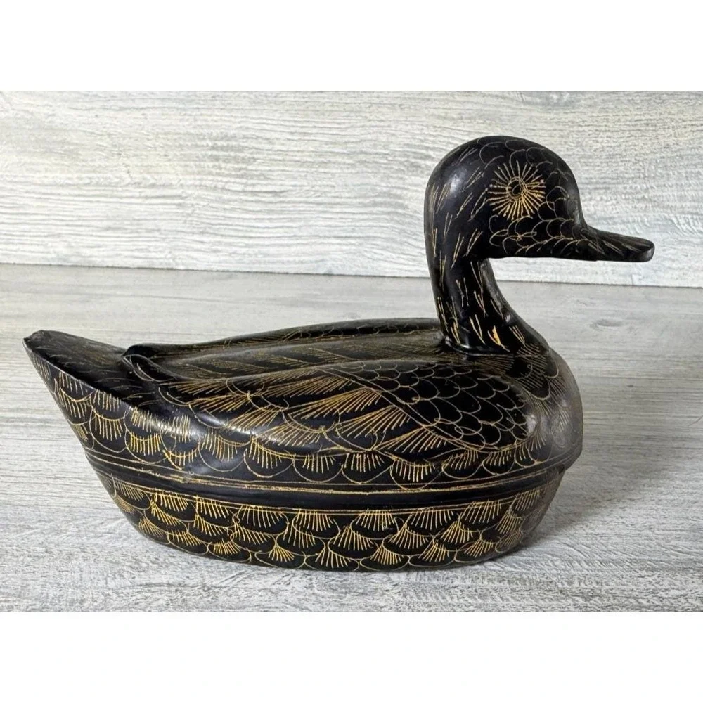 Vtg Duck Etched Lacquerware Trinket Box Container Hand Painted Thailand 5